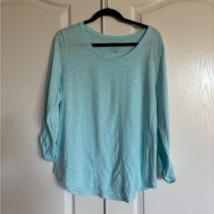 Chico’s Ultimate Tee Revi Roll Tab 3/4 sleeve top Aria Aqua size Large NWT